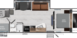 Floor plan of an RV featuring a queen-size bed, sofa, kitchenette, dinette with a bunk above, double bunk beds, bathroom with shower, overhead cabinets, refrigerator, and an outside kitchen under an awning.