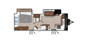 Floor plan of a camper showing a layout with a queen bed, bathroom with sink and toilet, kitchen with sink and stove, refrigerator, dinette, and wardrobe. Entrances are on the side and rear, with steps leading to the door.