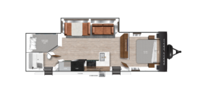 Floor plan of a recreational vehicle featuring a bedroom with a queen bed, a main living area with a sofa, dinette, and kitchen appliances, and a bathroom with a shower. The layout is compact and efficient for travel use.