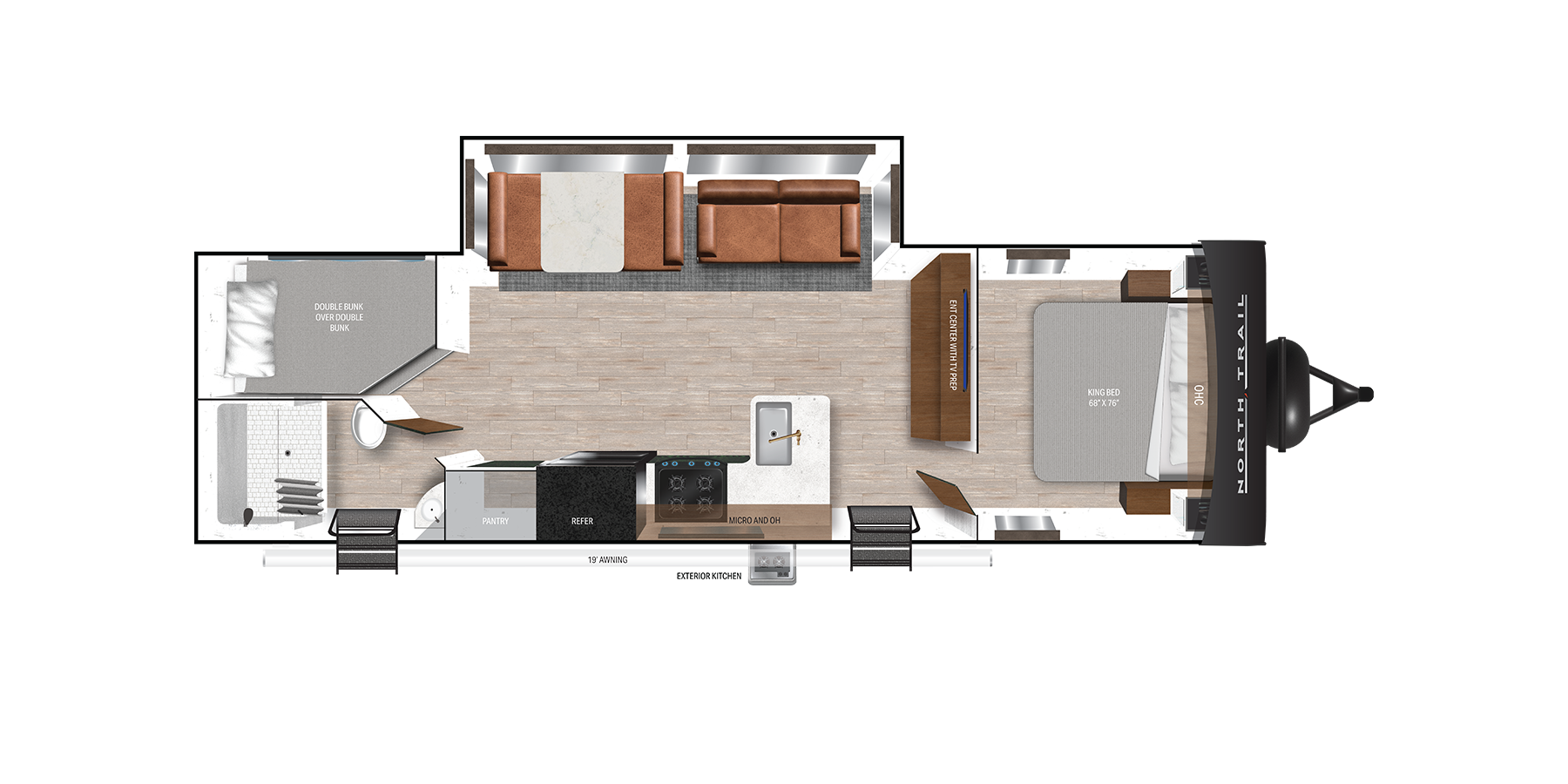 Floor plan of a recreational vehicle featuring a bedroom with a queen bed, a main living area with a sofa, dinette, and kitchen appliances, and a bathroom with a shower. The layout is compact and efficient for travel use.