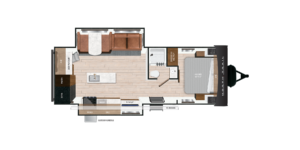 Floor plan of a travel trailer featuring a bedroom with a bed, a bathroom with shower and toilet, a kitchen area with stove and sink, a dining area with a table and seating, and an entrance. The layout is compact and efficient.