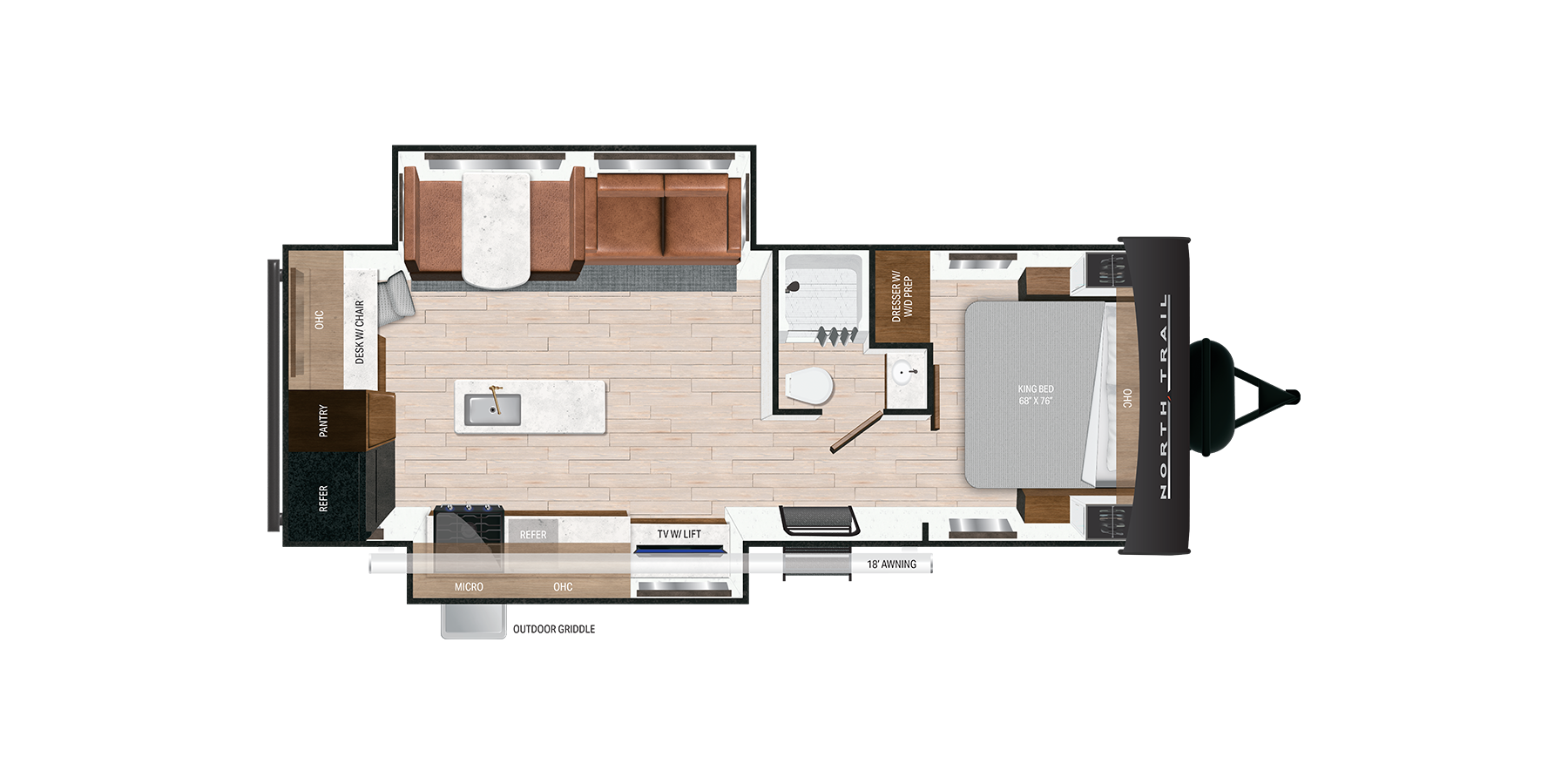 Floor plan of a travel trailer featuring a bedroom with a bed, a bathroom with shower and toilet, a kitchen area with stove and sink, a dining area with a table and seating, and an entrance. The layout is compact and efficient.