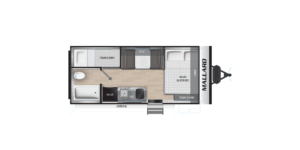 Floor plan of a Mallard RV showing a queen bed, double bunk beds, a bathroom with shower, kitchen with sink, stove, and refrigerator, a dinette area, and an entry door with an awning.