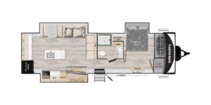 Top-down floor plan of a travel trailer with a kitchen, sofa, dinette, pantry, entertainment center with fireplace, bathroom with shower, and a bedroom with a queen bed, dresser, closets, and multiple storage areas.