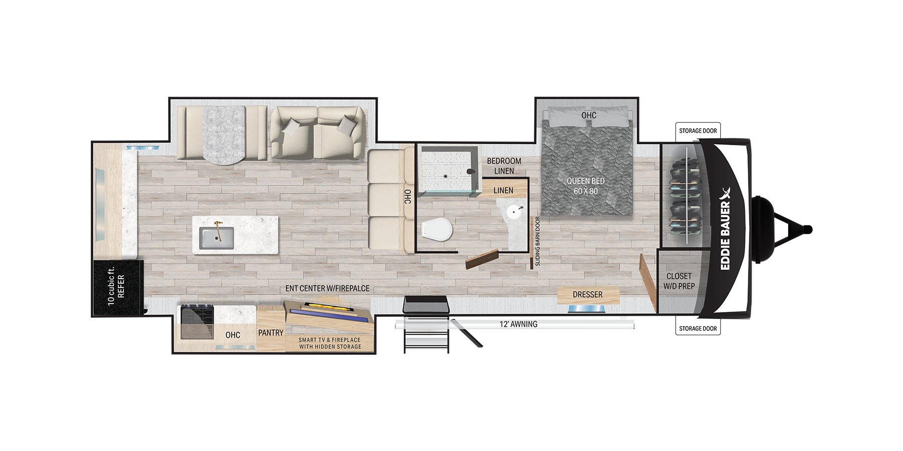 Top-down floor plan of a travel trailer with a kitchen, sofa, dinette, pantry, entertainment center with fireplace, bathroom with shower, and a bedroom with a queen bed, dresser, closets, and multiple storage areas.