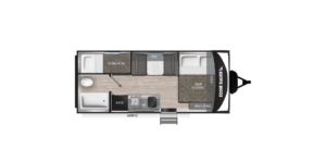 Top-down floor plan of an RV featuring a double bunk bed, bathroom with tub, kitchen area with fridge and sink, small dinette, main bed with nightstand, and entry door with an awning outside.