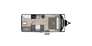 Floorplan of a compact RV showing a bed with nightstands, a bathroom with a shower, a wardrobe, a kitchen with a sink and stove, a dinette, a refrigerator, and an exterior awning.