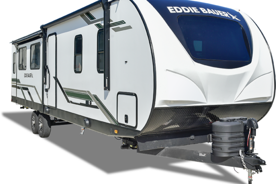 Front 3/4 view of the 2025 Eddie Bauer RV with sleek design and modern exterior features.