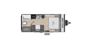 Top-down floor plan of a compact RV showing a queen bed, two nightstands, a dinette, kitchenette with sink and fridge, wardrobe with linen storage, bathroom, and an awning outside the main door.