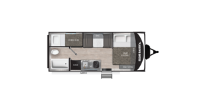 Top-down view of a camper trailer layout featuring a double bunk, bathroom with tub, kitchen with fridge and sink, dinette, queen bed with nightstand, and entry door under the awning labeled Eddie Bauer.