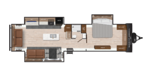 Top view floor plan of a travel trailer. Features include a living area with a sofa and dinette, kitchen with stove and fridge, bathroom with shower, and a bedroom with a bed and storage. The space is efficiently organized.